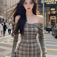 Large size French one-shoulder retro plaid dress slightly fat pure desire hot girl hip skirt R1868