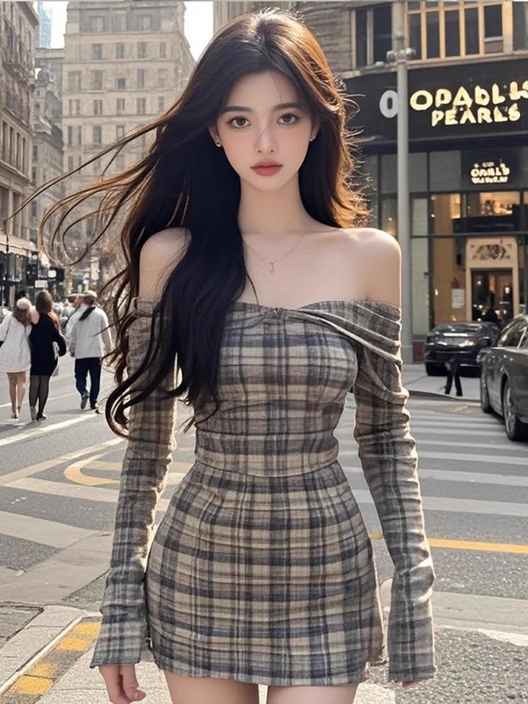 Large size French one-shoulder retro plaid dress slightly fat pure desire hot girl hip skirt R1868