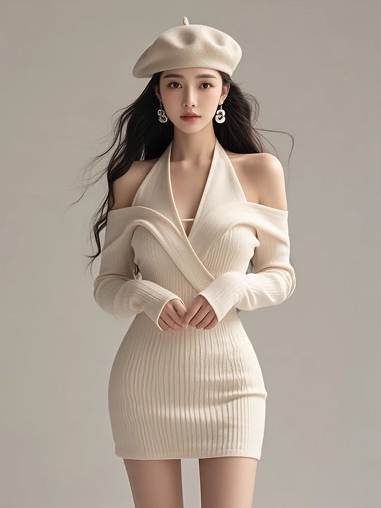 Large size French pure desire temperament knitted dress beautiful halter neck hip skirt R1869