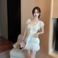 Ruffled tassel mesh dress pure and sweet high waist backless slim fit pleated hip skirt R3716