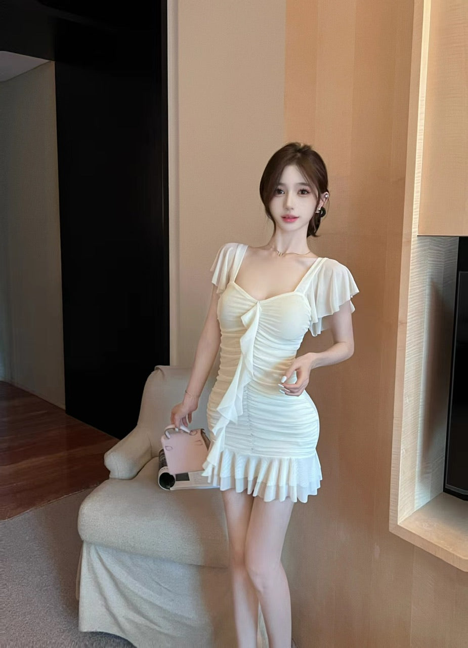 Ruffled tassel mesh dress pure and sweet high waist backless slim fit pleated hip skirt R3716