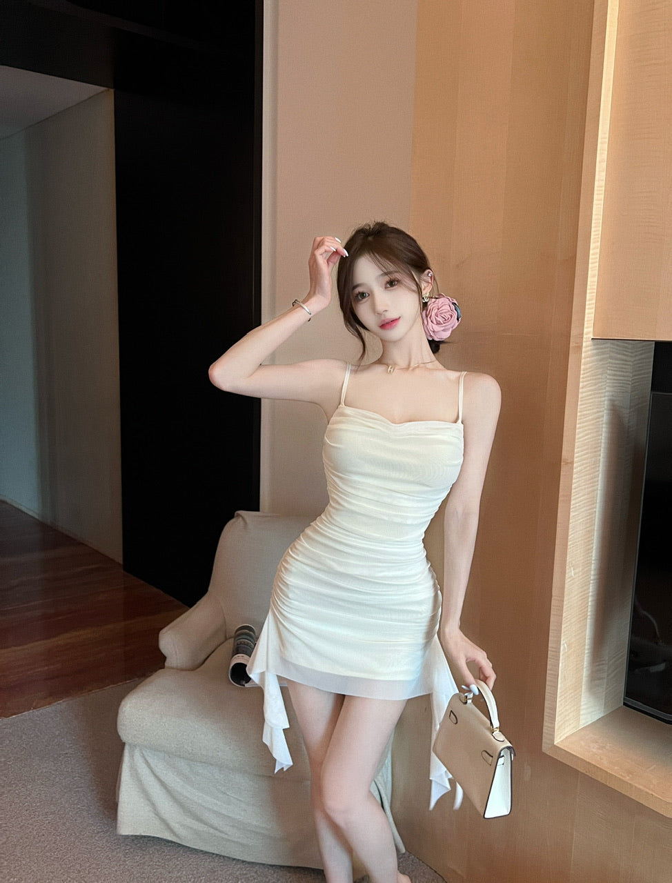 French sexy suspender dress sweet high waist slim fit ruffled slimming collar hip skirt R3749
