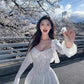 Gentle white moonlight suspender dress beautiful waist A-line long skirt R0718
