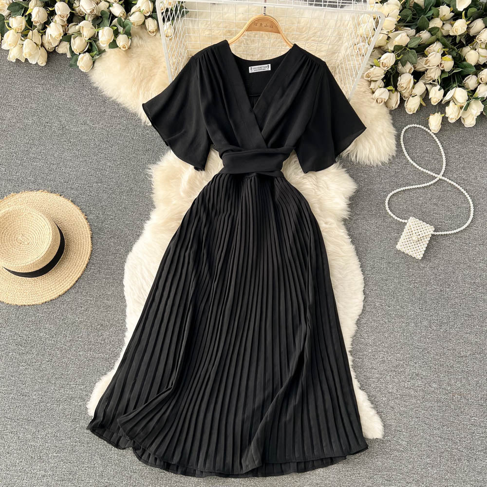 French slim fit long holiday style chiffon pleated maxi dress temperament V-neck dress R2353