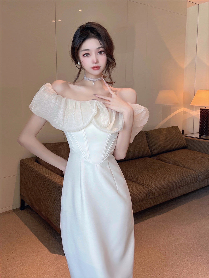 French style one shoulder dress slit gentle style banquet bridesmaid dress long skirt R1429