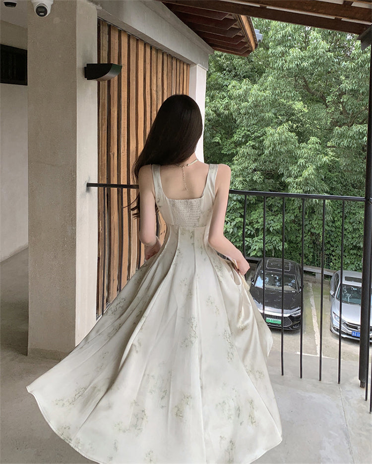 New Chinese style printed satin suspender dress niche waist slim temperament long skirt R1791