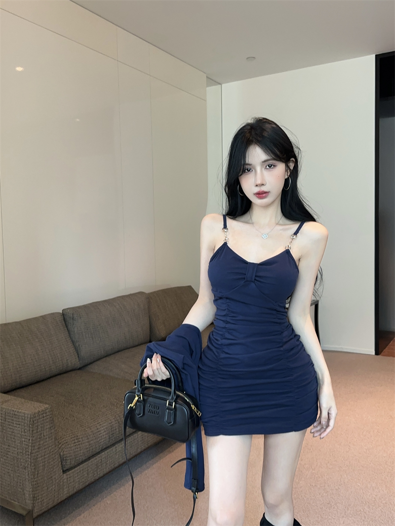 Hot Girl Style Sexy Bottom Slim Pleated Suspender Dress Long Sleeve Cardigan Top Two-piece Set R3789