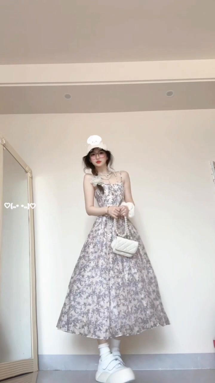 Floral suspender dress new style beautiful waist temperament long dress R0590