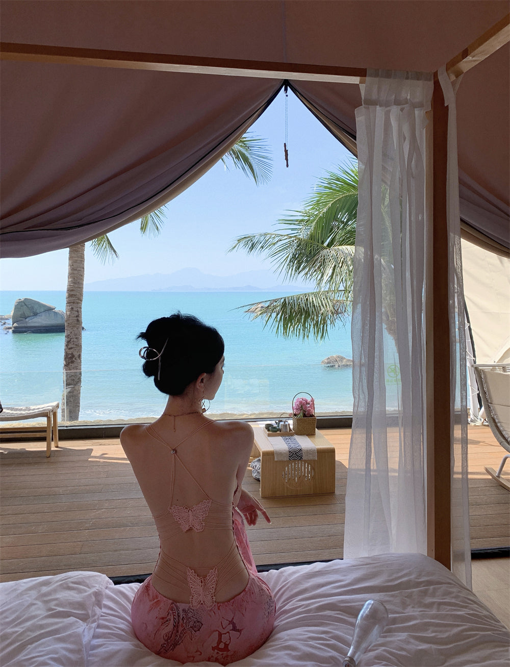 Travel wear printed deep v suspender dress sexy backless beach dress R1596