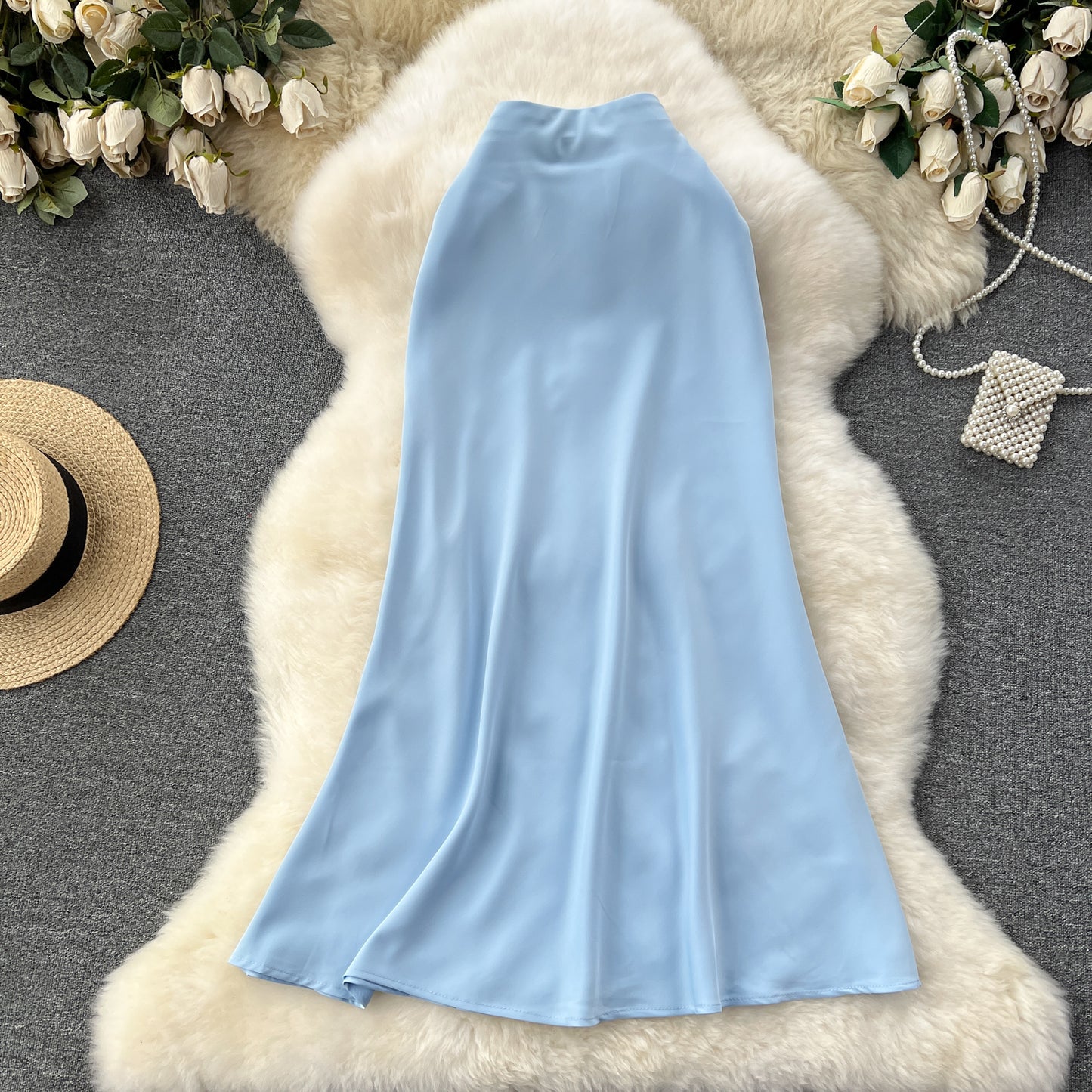 High-end satin skirt, high waist, slimming, medium-length fishtail skirt R2194