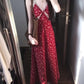 Beautiful little skirt tea break French retro red dress v-neck floral suspender skirt R0614
