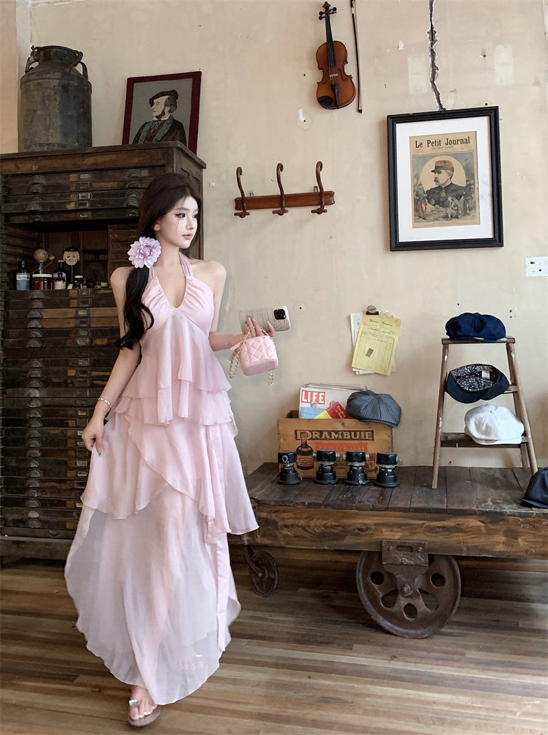 Beach Vacation Pink Chiffon Halter Neck Vest Skirt Two-piece Set R0508