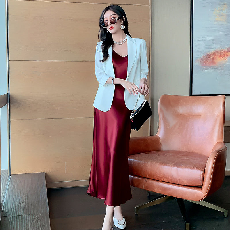 High-grade drape silk satin V-neck suspender dress mid-length temperament skirt R0997