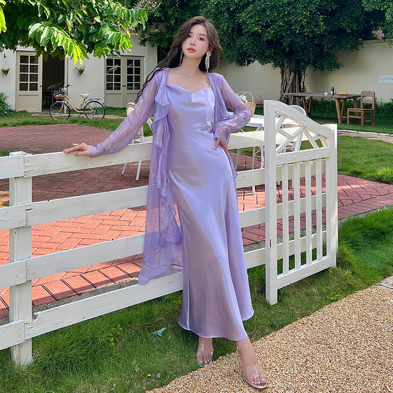 Satin dress with a swaying collar, high-end niche sexy suspender dress, purple inner long skirt R0998