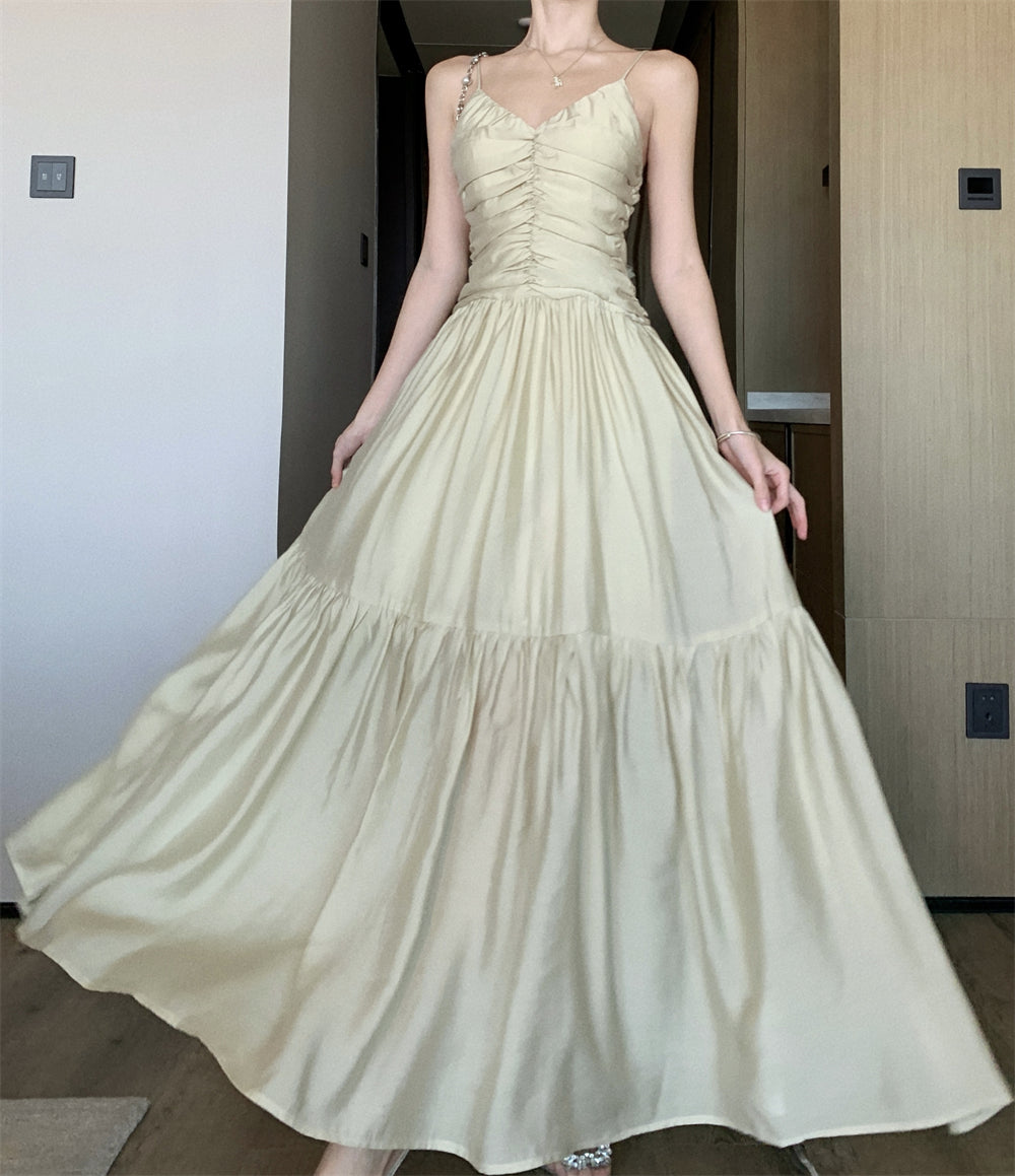 French high-end backless suspender dress sexy V-neck super fairy A-line long skirt R1467