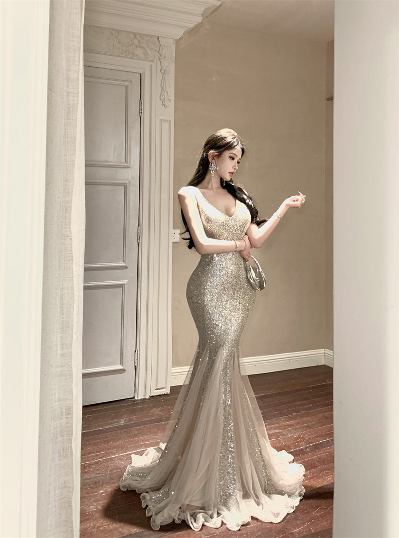 Sexy mermaid high-grade sequined sling dress mesh hip-wrapped evening mermaid dress R1469
