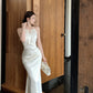 Satin white halter neck suspender dress sexy fishtail hip wrap gentle high-end long skirt R1468