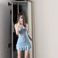Sexy retro blue suspender dress beautiful waist slim a-line short skirt R0724