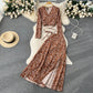 Holiday style retro floral suit long-sleeved French slim V-neck top + split skirt two-piece suit R2271