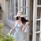 Blue jacquard suspender dress two-piece set beautiful waist slim hip skirt R0564