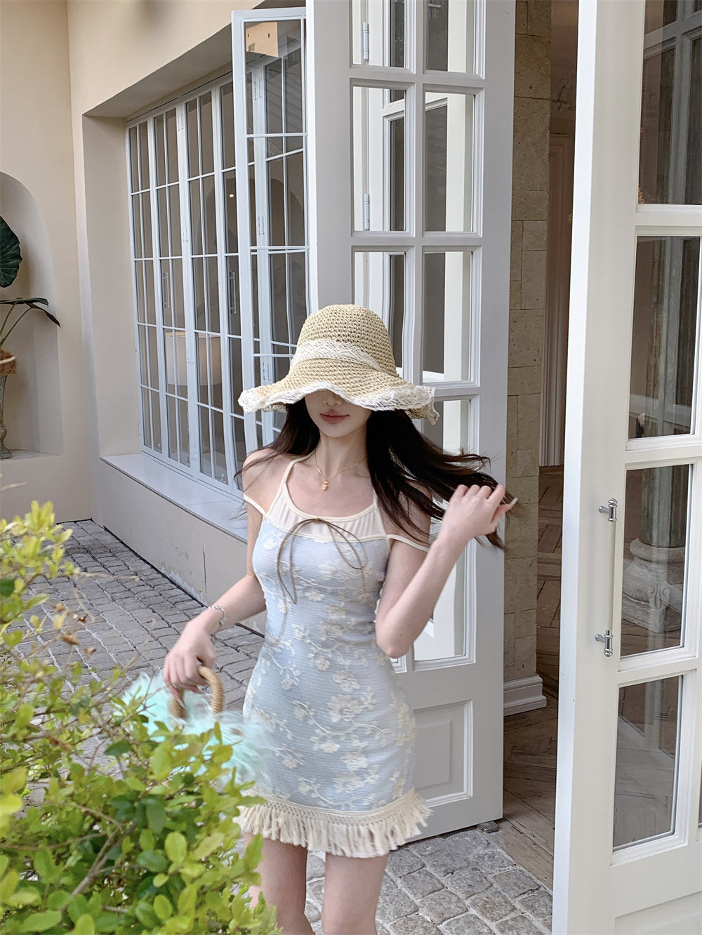 Blue jacquard suspender dress two-piece set beautiful waist slim hip skirt R0564