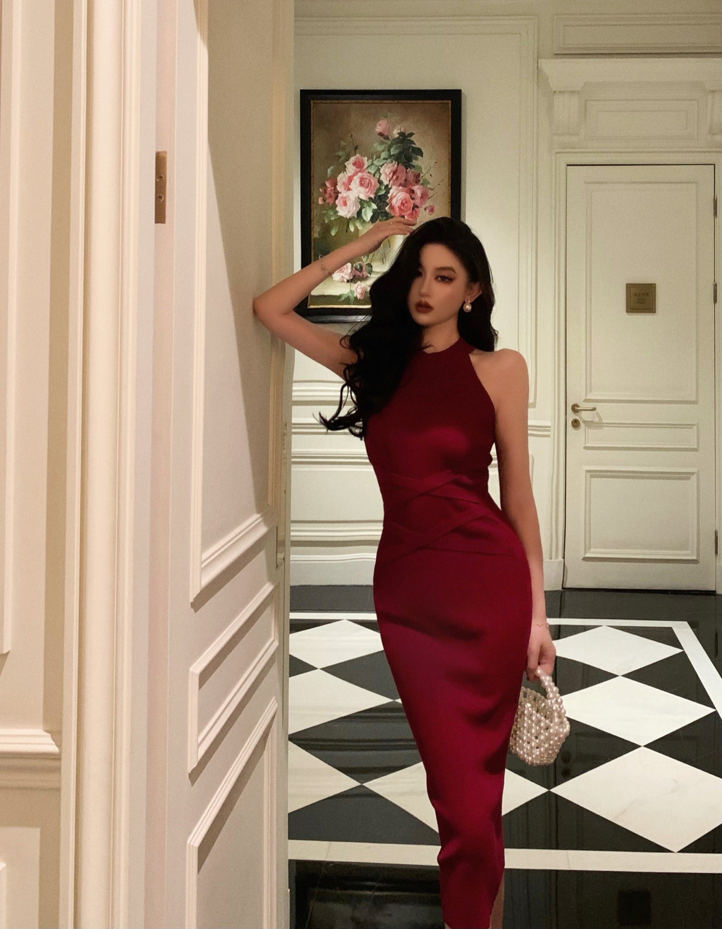 Retro halter neck suspender dress sleeveless lace-up knitted slim fit sexy hip skirt R1491