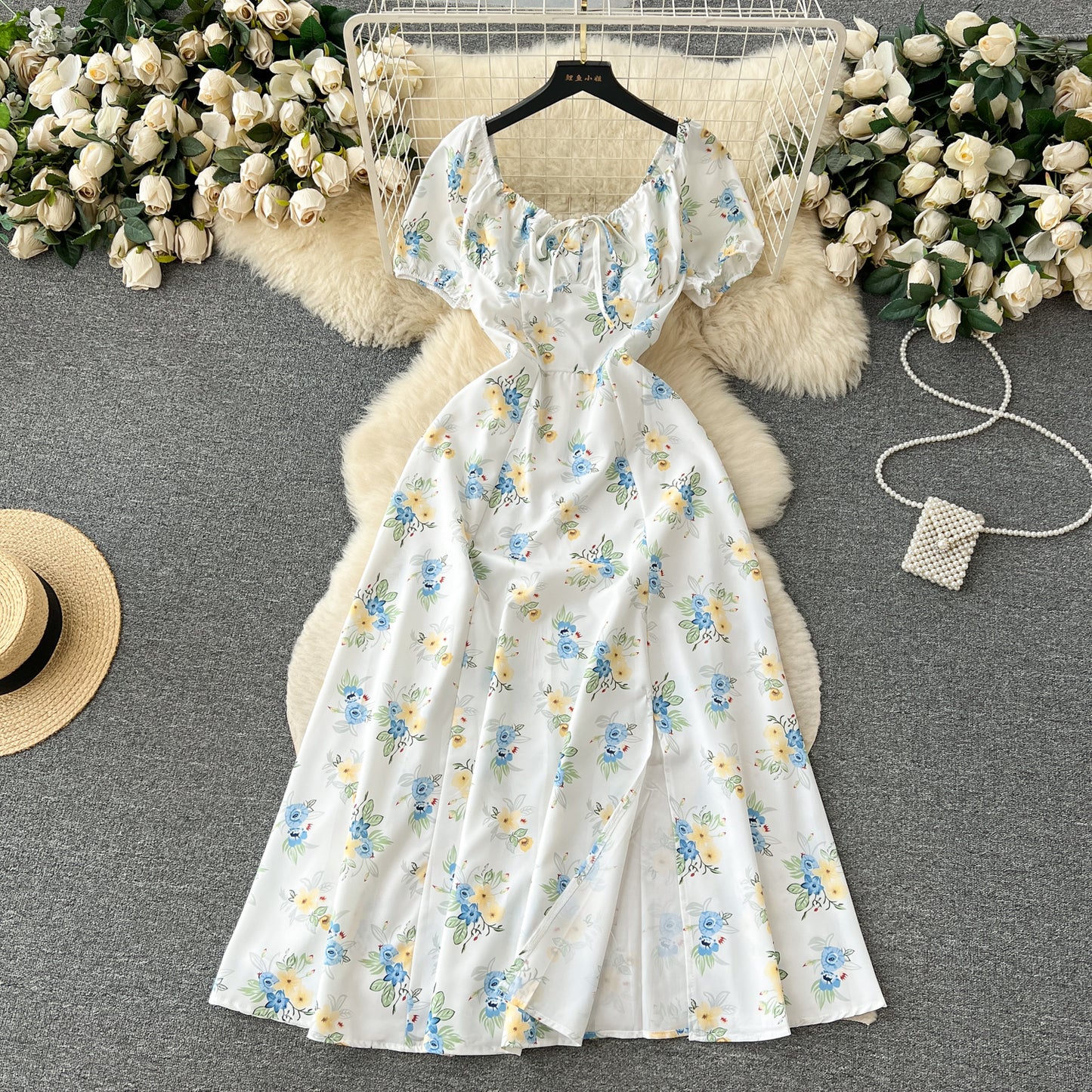 Retro romantic floral dress summer puff sleeves slit design niche chic beautiful long skirt R2248