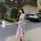 Gentle temperament purple plaid suspender dress beautiful waist A-line long skirt R0734