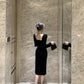 Hepburn style French black dress high-end niche temperament square neck long sleeve dress R1793