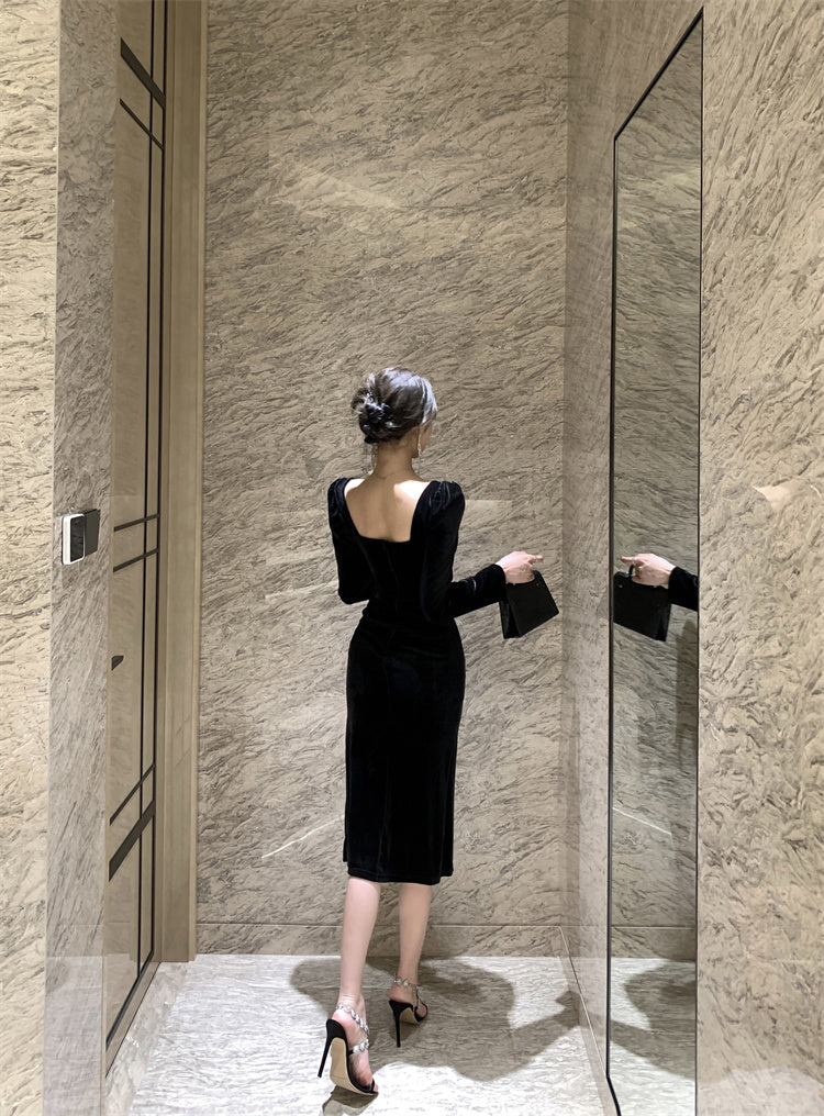 Hepburn style French black dress high-end niche temperament square neck long sleeve dress R1793