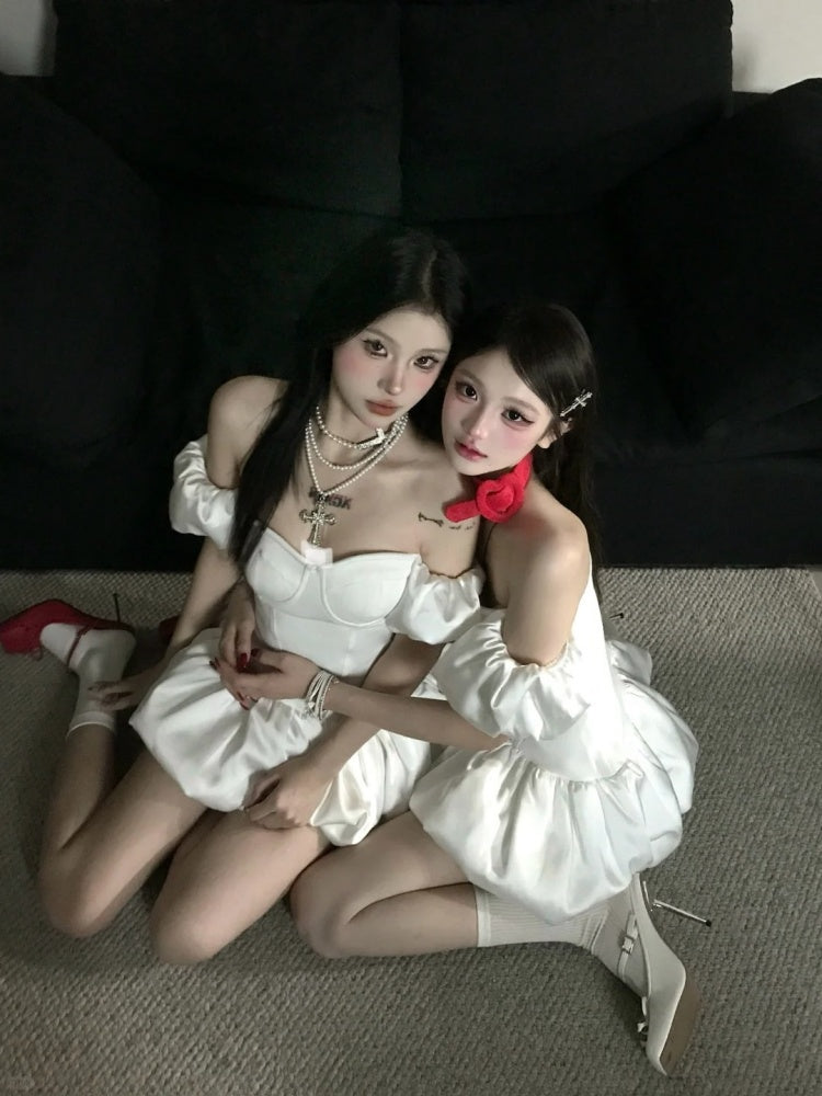 French style white puff sleeve one shoulder dress beautiful summer princess dress homecoming dress R3018