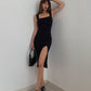 Super temperament square collar slit skirt sexy slim waist S-shaped hot girl figure hip dress R3026