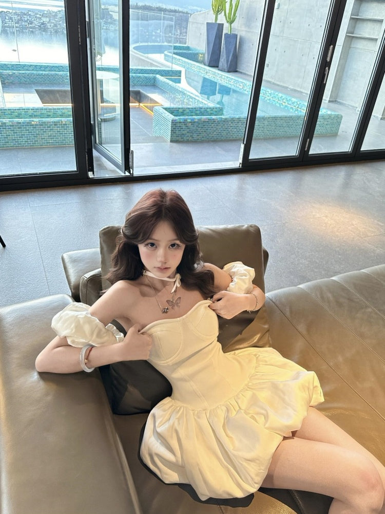 French white puff sleeve one-shoulder bandeau dress women's summer beautiful dress short skirt homecoming dress R3004