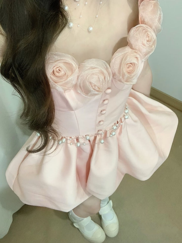 Cute pink suspender dress women's summer daughter heavy industry party dress flower bud skirt homecoming dress R3005