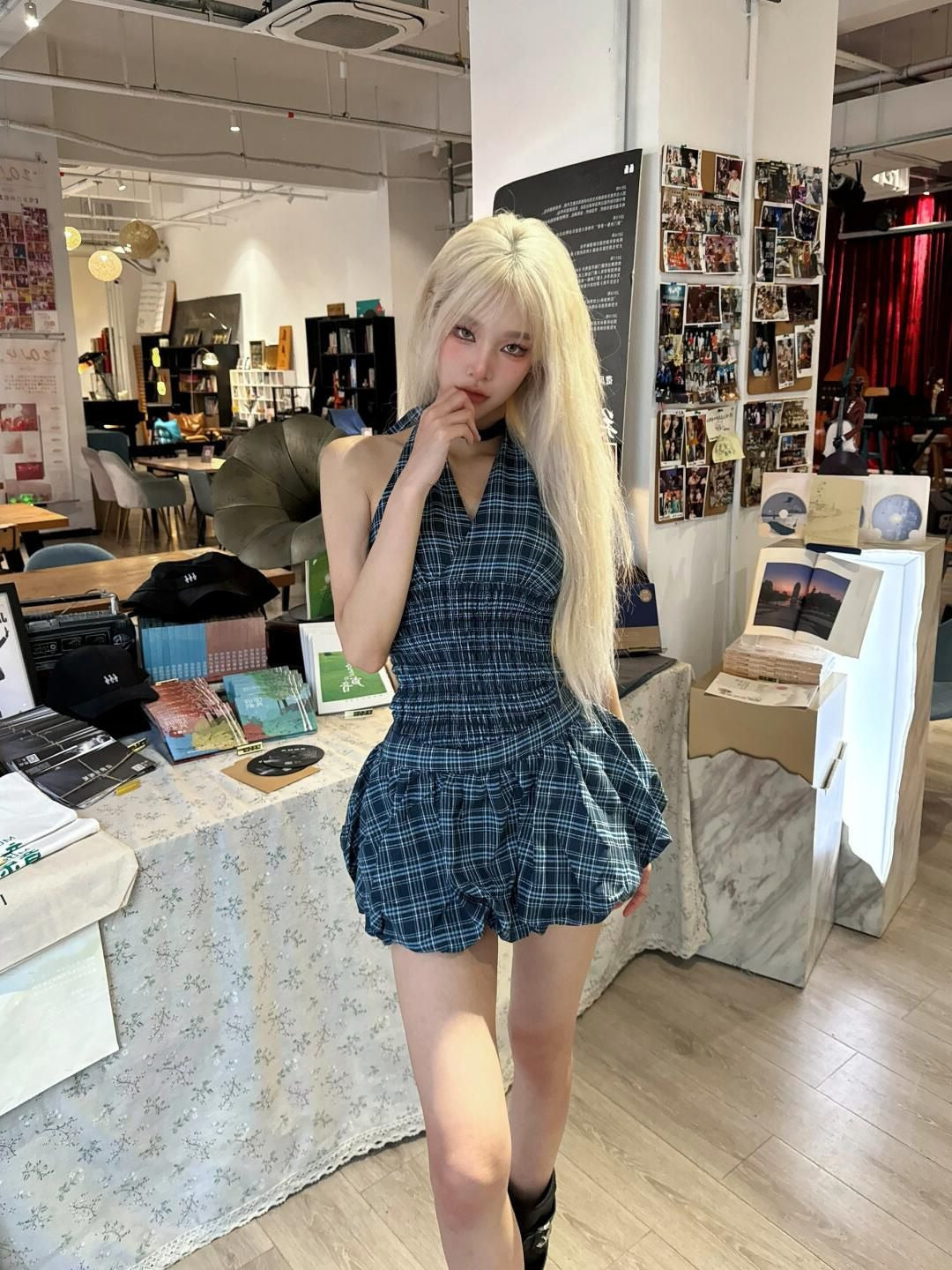 Navy plaid top suit summer American sweet hot girl halter neck vest short skirt suit homecoming dress R3009