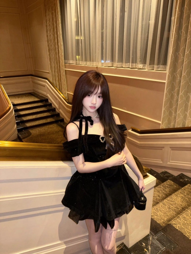 Black velvet dress women's summer princess dress waist puffy skirt homecoming dress R3020