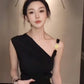 French black off-shoulder irregular pleated vest top bud skirt two-piece homecoming dress R3024