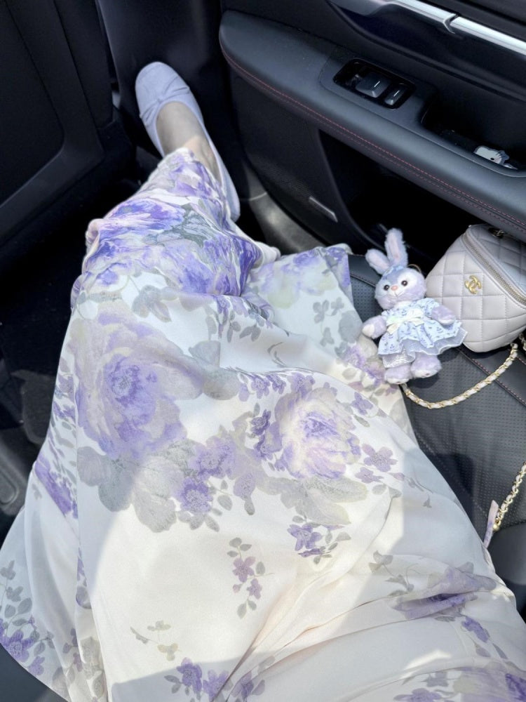 Purple chiffon floral dress for women 2025 summer beautiful waist long dress homecoming dress R3013