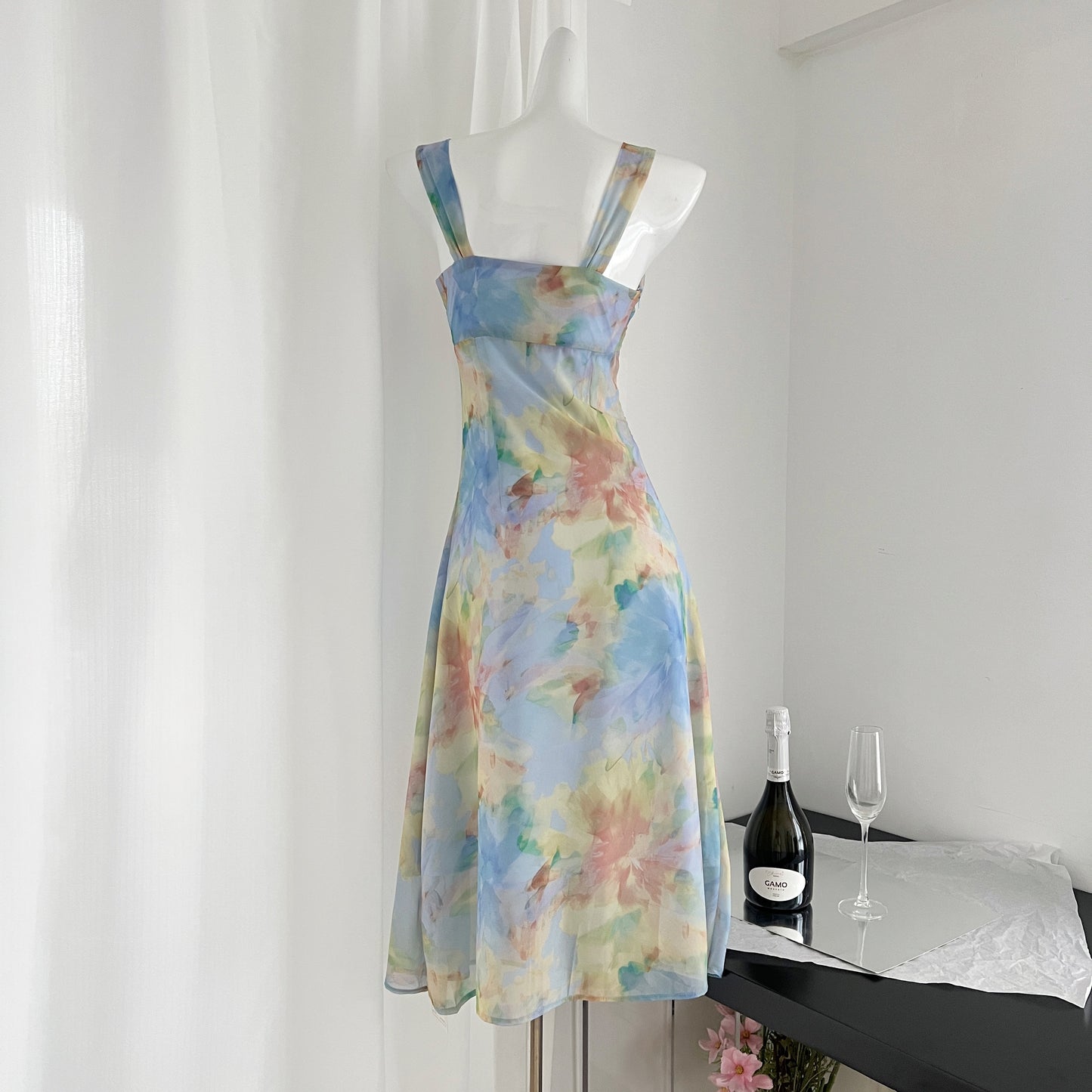 French floral sling waist dress tea break gentle temperament long dress R2016