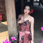 Women's Retro Floral Sling Dress Beautiful Waist A-Line Long Dress R0605