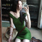 French style beautiful green V-neck sleeveless women's summer high-end temperament short skirt R3591