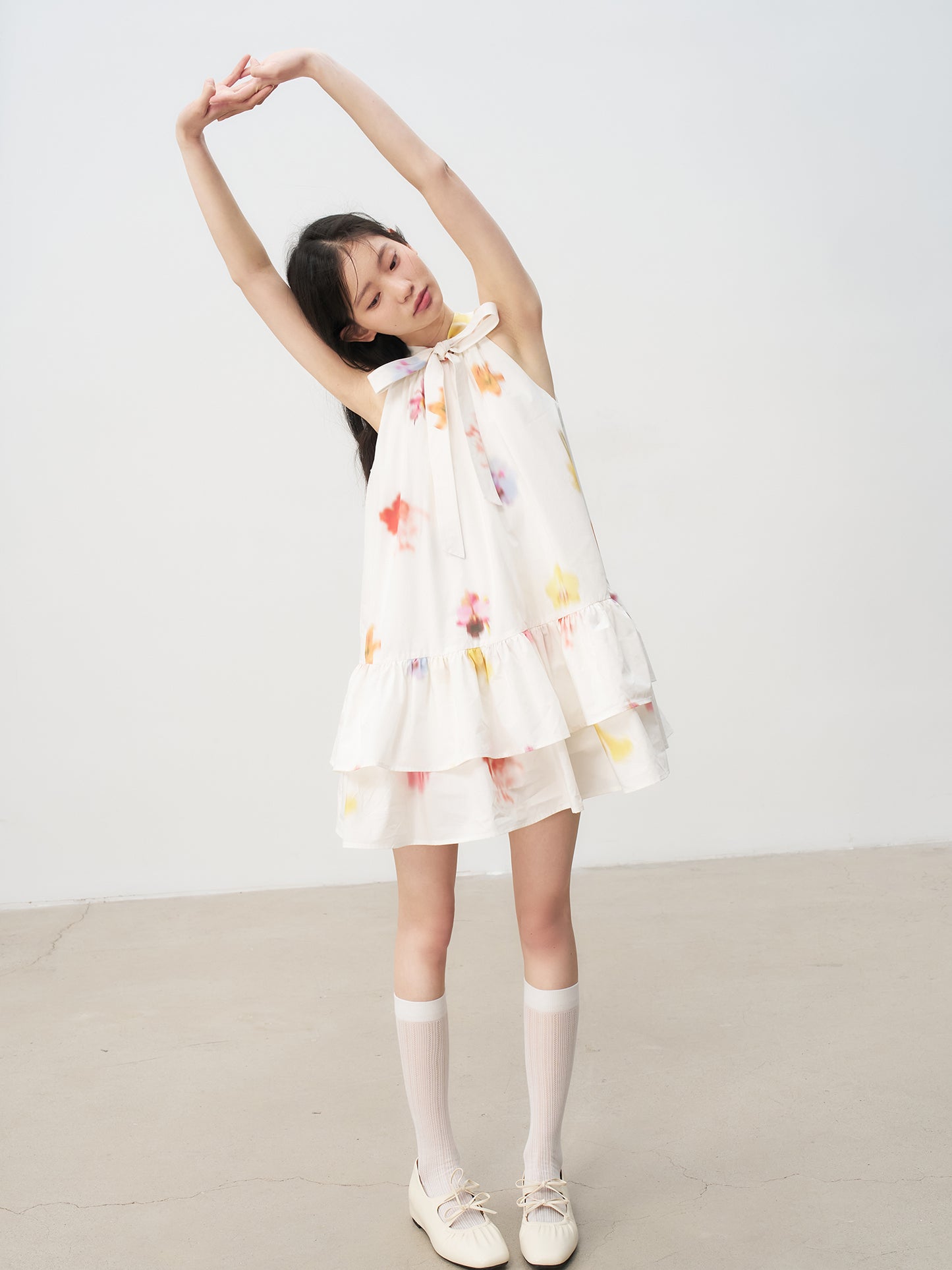 Sleeveless Floral Bow Tie Halter Dress with Ruffled Hem Tutu Skirt R5169