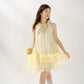 Bright yellow lace-up sleeveless dress, loose multi-layered ruffled cake skirt R5170