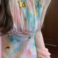Gentle temperament oil painting floral dress beautiful waist slim fit small skirt R0629