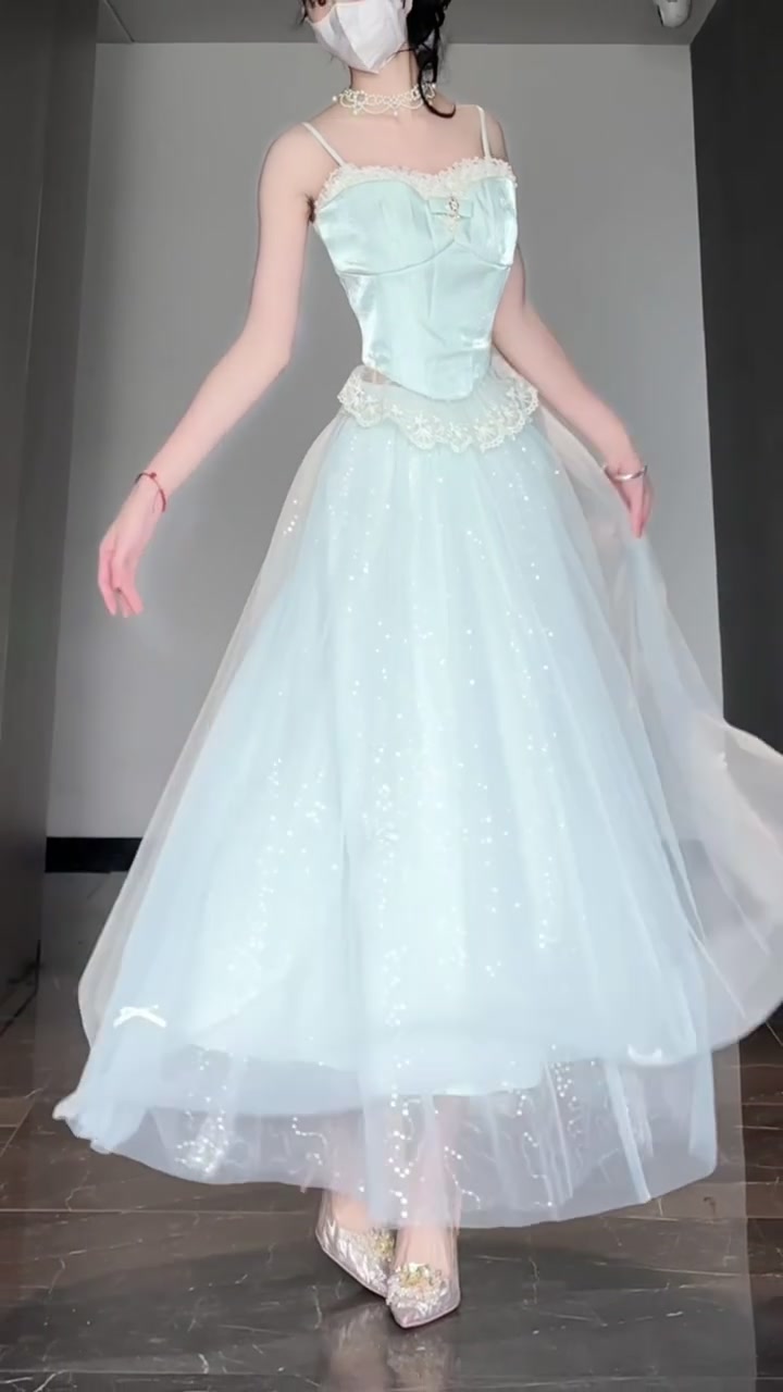 Qianjin Outfit Blue Camisole Vest Mesh Skirt Two-piece Set R0511