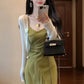 Gentle temperament green suspender dress retro beautiful waist slim a-line long skirt R0704