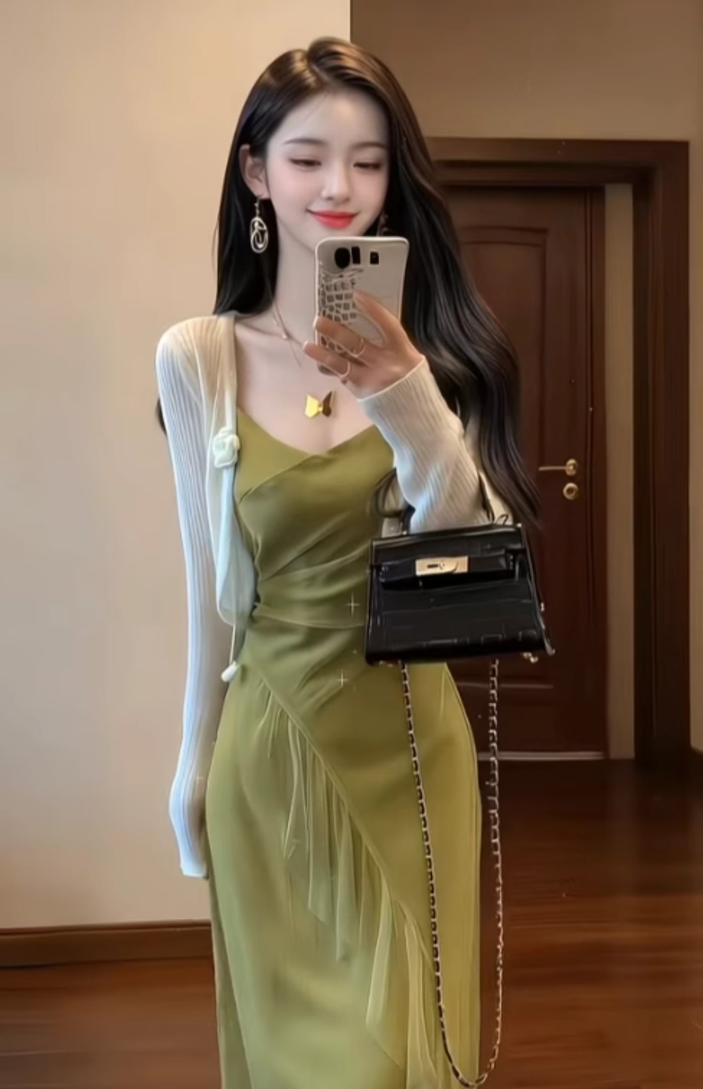 Gentle temperament green suspender dress retro beautiful waist slim a-line long skirt R0704