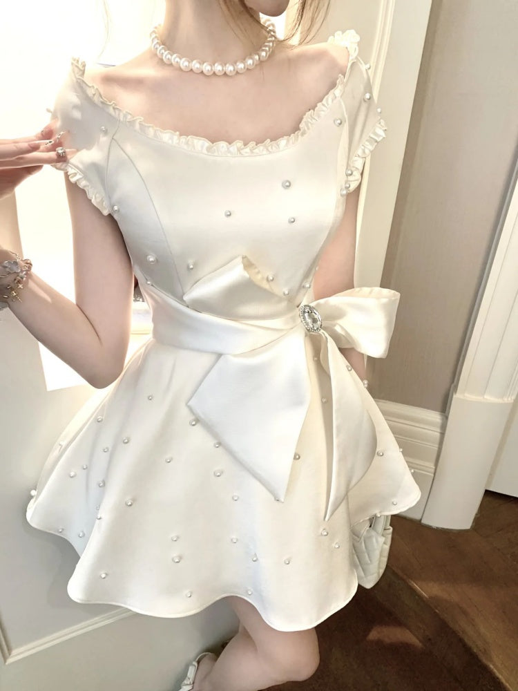 2025 Summer New Light Luxury Heavy Industry Pearl Princess Dress Short Skirt Women's Homecoming Dress R3002