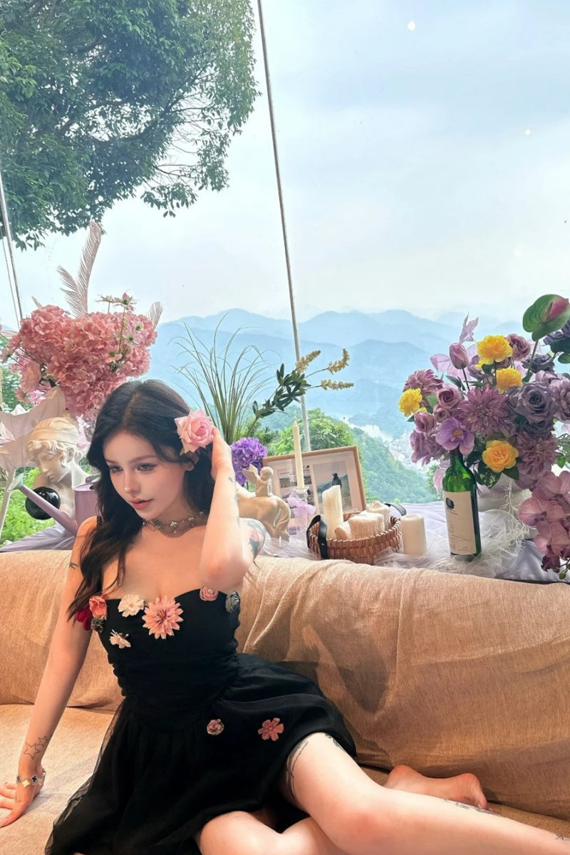 Three-dimensional flower suspender dress summer irregular skirt fishbone waist homecoming dress R3008