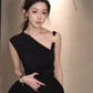 French black off-shoulder irregular pleated vest top bud skirt two-piece homecoming dress R3024